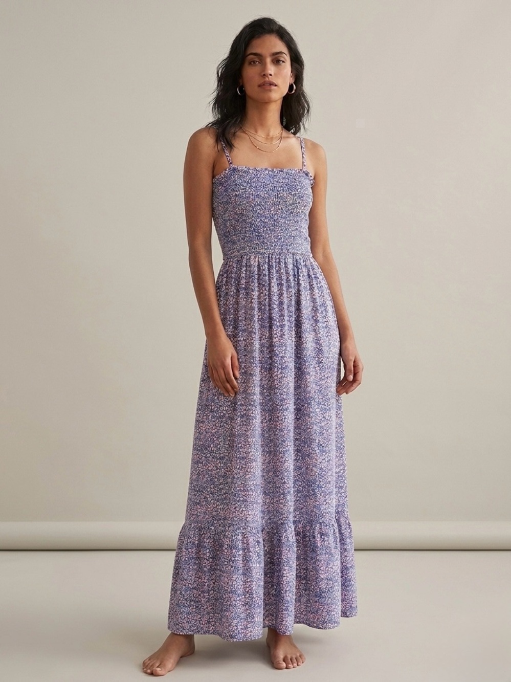 Pact Lavender Floral Smocked Maxi Dress with Pockets M